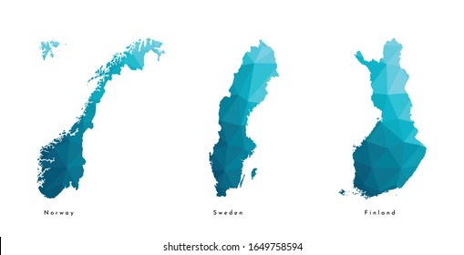 Icono de ilustración aislada vectorial con mapas azules simplificados de los estados del norte de Europa - Noruega, Finlandia, Suecia. Estilo geométrico poligonal, formas triangulares. Fondo blanco.