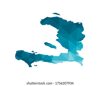 Icono de ilustración aislada de vectores con silueta azul simplificado del mapa de la República de Haití. Estilo geométrico poligonal, formas triangulares. Fondo blanco.