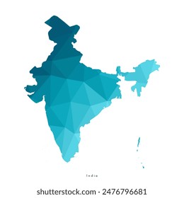 Vector isolated illustration icon with simplified blue silhouette of India map. Polygonal geometric style. White background