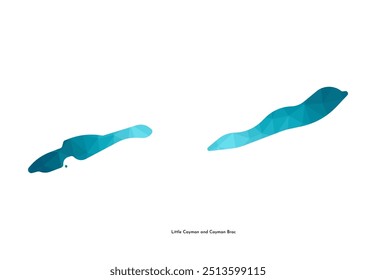 Ícone de ilustração isolado vetorial com silhueta azul simplificada das Ilhas Cayman, que inclui o mapa de Cayman Brac e Little Cayman. Estilo geométrico poligonal. Fundo branco