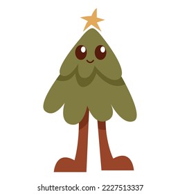 Vektorgrafik einzeln mit einem Bild eines Weihnachtsbaumes in einem Cartoon-Retro-Stil. Vorlage für Groovy, Hippie, Retro-Design.