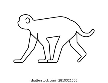 Vector isolated illustration with indian monkey. Icon is symbol of macaque walking on wild nature. Black outline and white shapes of body of small toque. 