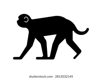 Vector isolated illustration with indian monkey. Icon is symbol of macaque walking on wild nature. Black shapes of body of small toque. 