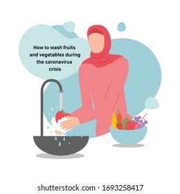 Vector isolated illustration of a indonesian muslim woman washing healthy fresh fruits and vegetables in a flat design style. Girl character in arab indonesian national costume in a modern style durin