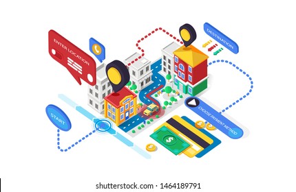 Vector isolated illustration infographic isometry 3d taxi taxicab cab hackney carriage money business finance credit card pay transportation moving delivery location city building white background