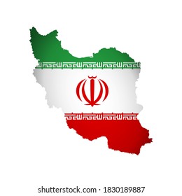 Vector isolated illustration with Iran national flag with shape of Islamic Republic of Iran map (simplified). Volume shadow on the map. White background