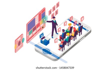 Vector isolated illustration isometric business presentation white background design audience viewer listener speaker speech orator speechmaker advertising politic technology smartphone internet phone