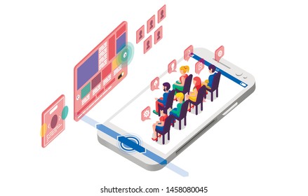 Vector isolated illustration  isometric business presentation white background infographic design element audience viewers listeners screen icons advertising politic technology training internet phone