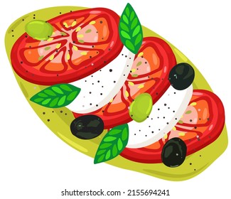 Vector isolated illustration of italian salad caprese on bright green plate. Traditional cuisine of Italy. Tomato, mozzarella, bazil, olives and pepper.