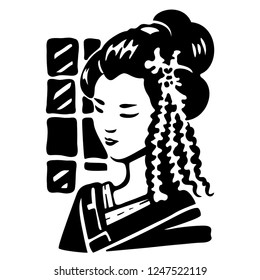 Vector isolated illustration of japanese beautiful woman in traditional style on white background. Hand drawn sketch of geisha. Art in vintage style for your design