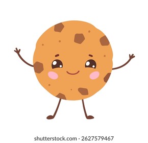 Vector isolated illustration of kawaii cookie with chocolate chips and happy face.