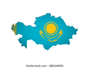 Vector isolated illustration with Kazakhstan flag (with gold sun, steppe eagle and national ornamental pattern) on Kazakh map (simplified). Volume shadow on the map. White background