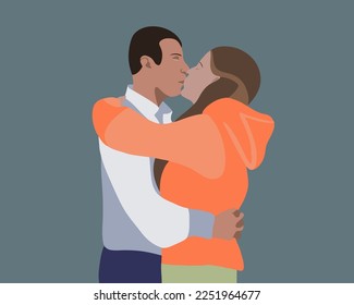 Vector isolated illustration of a kissing couple. Revealing a relationship with a kiss. A guy and a girl in love.