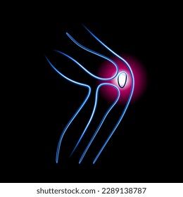 Vector isolated illustration of knee pain. Contour neon drawing of the knee joint with a sign of pain.
