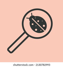 Vector isolated illustration of a ladybug in a magnifying glass black icon on a light background. Insect and entomology. Search and research symbol