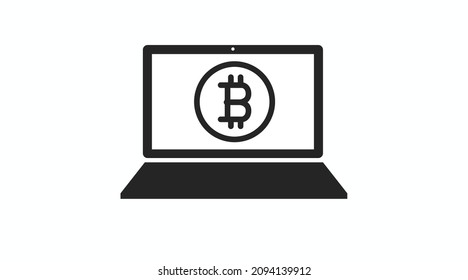 Vector Isolated Illustration of a Laptop with a Bitcoin, Black and White Bitcoin Icon