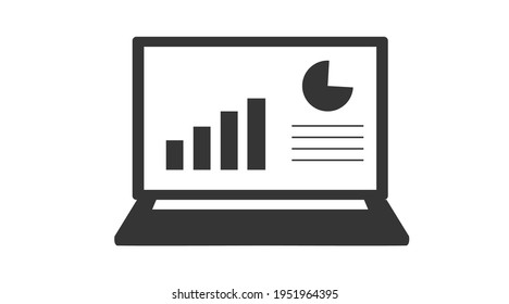 Ilustración vectorial aislada de una laptop con barras de grafo. Icono plano comercial