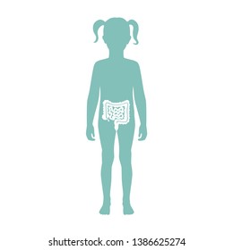 Vector Isolated Illustration Of Large And Small Intestine Anatomy In Girl Body. Human Digestive System Icon. Healthcare Medical Center, Surgery, Hospital, Clinic Logo. Internal Child Organ. 