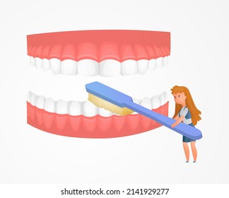 Vector isolated illustration with layout of enlarged jaws with teeth and a character, woman who holds a toothbrush and brushes her teeth. The concept of dentistry, hygiene, caries prevention.