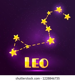 vector isolated illustration of Leo constellation. zodiac sign in the night purple sky. Image for design horoscope, brochure, books and textiles.