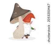 Vector isolated illustration of a little bearded gnome under a large brown mushroom. Fabulous cartoon image for kids in flat, simple style.