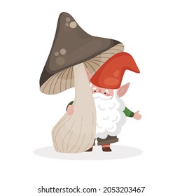 Vector isolated illustration little bearded gnome under large brown mushroom  Fabulous cartoon image for kids in flat  simple style 
