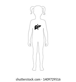Vector isolated illustration of liver anatomy in girl body. Human digestive system icon. Internal child donor organ symbol poster design. Donation 