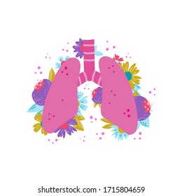 Vector isolated illustration of lungs, trachea, bronchus  with flowers and leaves.  Cute flat illustration of human internal organs.