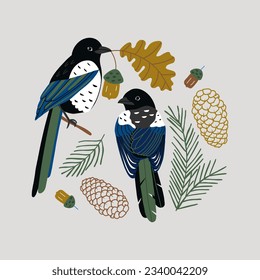 Vector isolated illustration with magpie, pine branch, acorns, cones and autumn leaves.