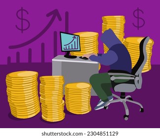 Vector ilustra de manera aislada cómo ganar dinero en Internet. Autónomo. Un hombre en una capucha trabaja en línea. Crecimiento de los beneficios. Hacker.
