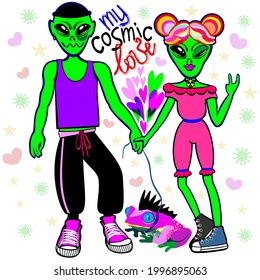Vector isolated illustration of male and female green aliens with their pet - bright pink frog with black mohawk on a leash. Cosmic love romance. Bright hearts.