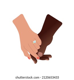 Vector isolated illustration with male and female hand. Couple in love, wedding, together forever. International world. Afro and euro union. Equality of races, acceptance. Husband, wife. Golden ring.