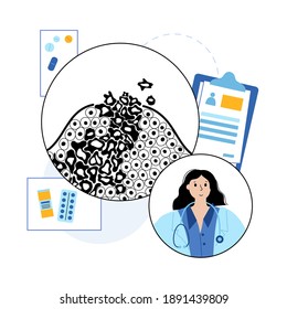Vektorgrafik eines bösartigen Tumors in gesundem Gewebe. Doktor im Labor. Verbreitung von Krebszellen, Konzept der Tumorentwicklung. Medizinische Infografik für Poster, Naturwissenschaften und medizinische Zwecke.