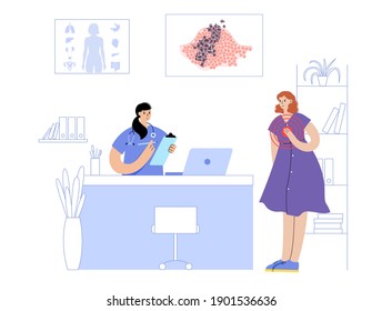 Vector isolated illustration of malignant tumor in healthy tissue. Doctors appointment in medical office or in laboratory. Patient in clinic. Spreading of cancer cells, tumor development concept.