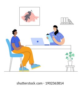 Ilustración aislada del tumor maligno en tejido sano. Nombramiento de médicos en consultorio médico o en laboratorio. Paciente en clínica. Difusión de células cancerosas, concepto de desarrollo tumoral.