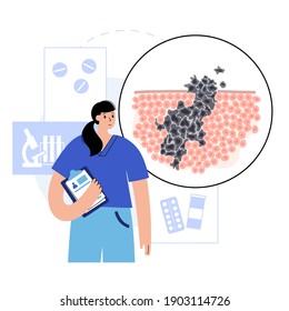 Ilustración aislada del tumor maligno en tejido sano. Nombramiento de médicos en consultorio médico o en laboratorio. Difusión de células cancerosas, concepto de desarrollo tumoral. Infografías médicas.