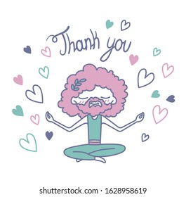 Vector isolated illustration a man with a beard, surrounded by hearts, sits in a lotus position and meditates. Lettering Thank you. Picture for yoga sites, shops, carts. Printable. 