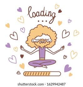 Vector isolated illustration a man with a beard, surrounded by hearts, sits in a lotus position and meditates. Caption Loading. Image for yoga sites, waiting for page loading.