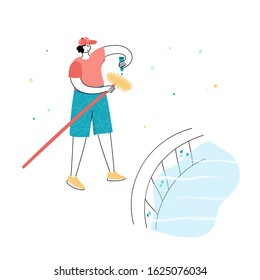 Vector isolated illustration of man brushing walls of a pool. Swimming pool maintenance