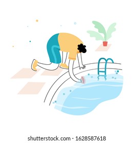 Vector isolated illustration of man brushing walls of a pool. Swimming pool maintenance