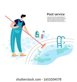 Vector isolated illustration of man brushing walls of a pool. Worker in uniform character. Swimming pool maintenance