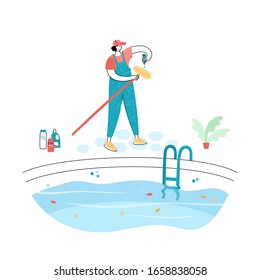 Vector isolated illustration of man brushing walls of a pool. Worker in uniform character. Swimming pool maintenance basics. Image 5 of 12