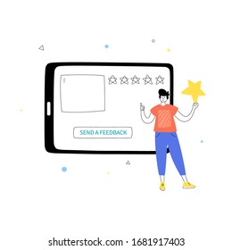 Vector isolated illustration of man character with tablet and star. feedback and rating on website. Online review concept. Flat illustration on white background. Email banner design
