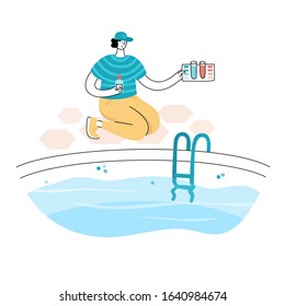 Vector isolated illustration of man cheking and balancing pH Levels of swimming pool water with pool care kit. Swimming pool maintenance