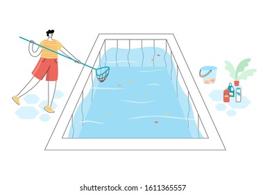 Vector isolated illustration of man cleaning fallen leaves from a swimming pool with skimmer. Chemical cleaning products and plant on background. Pool Maintenance