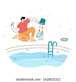 Vector isolated illustration of man cleaning fallen leaves from a pool skim basket. Swimming pool maintenance
