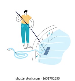 Vector isolated illustration of man cleaning the swimming pool ground with a telescopic vacuum. Swimming pool maintenance