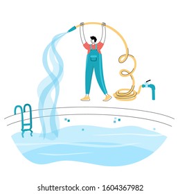 Vector isolated illustration of man filling the swimming pool with water flowing from the hose. Worker in uniform character. Swimming pool maintenance basics. Image 12 of 12