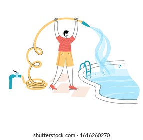 Vector isolated illustration of man filling the swimming pool with water flowing from the hose. Swimming pool maintenance