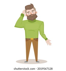 Vector isolated illustration of a man in a green sweater scratching the back of his head. A character with the emotion of bewilderment and surprise, who says I don't know. Image in trending flat carto